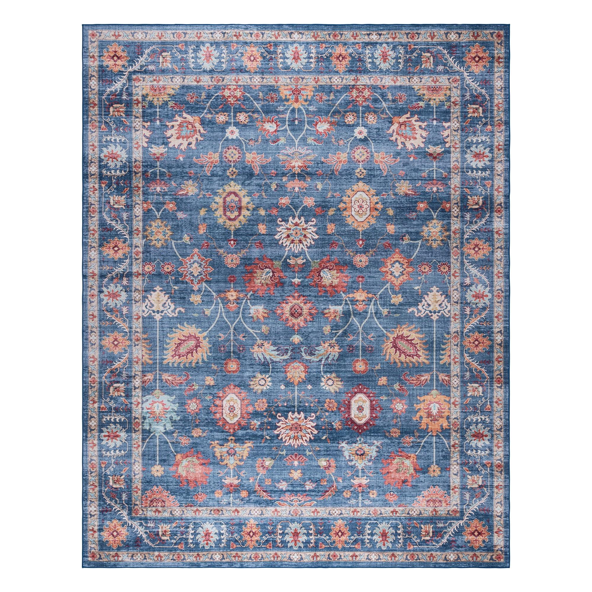 Gertmenian Crystal Print Cullen Navy Blue Multi Transitional Floral Border Washable Flat Pile Indoor Area Rug