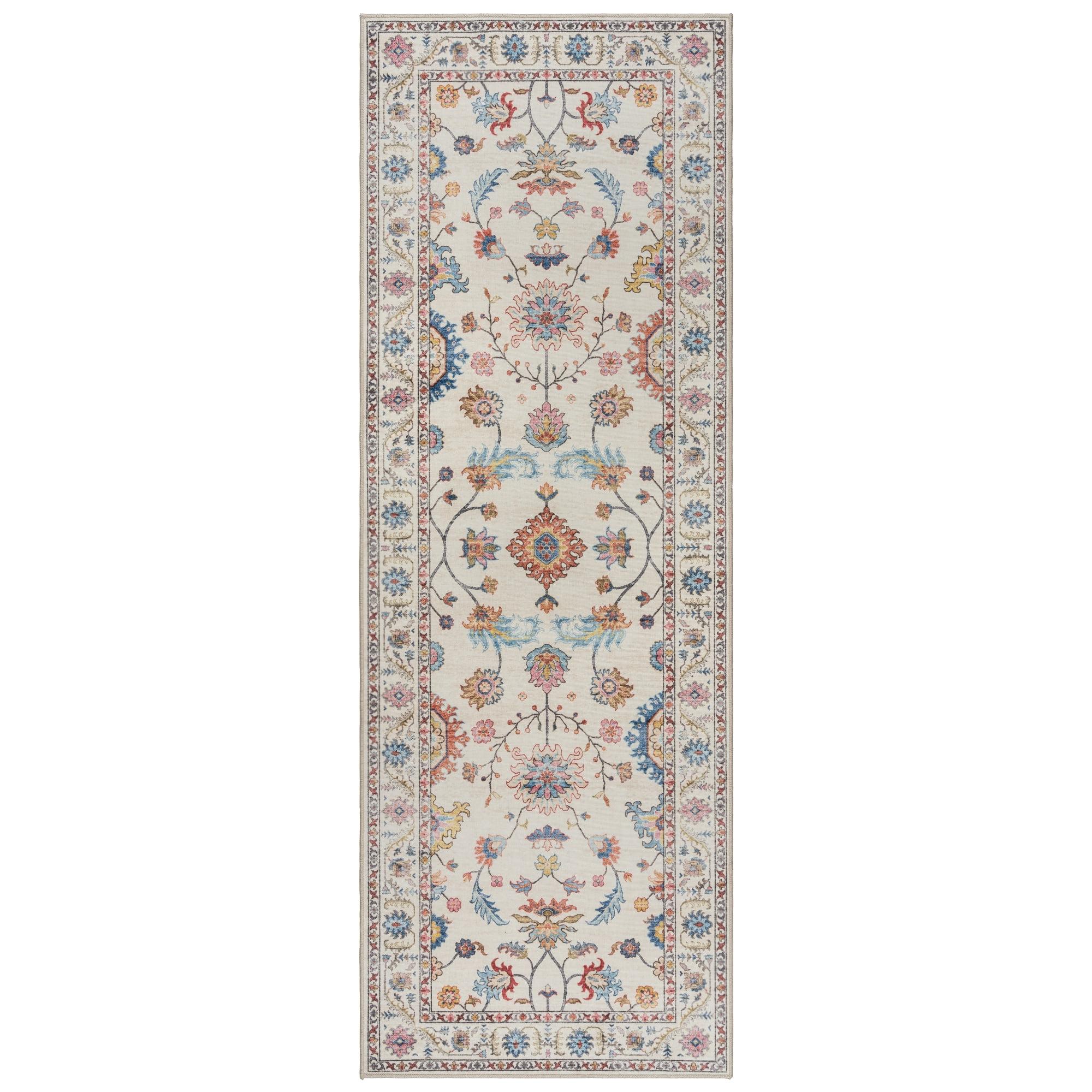 Gertmenian Crystal Print Cullen Ivory Cream Pink Multi Transitional Floral Border Washable Flat Pile Indoor Area Rug