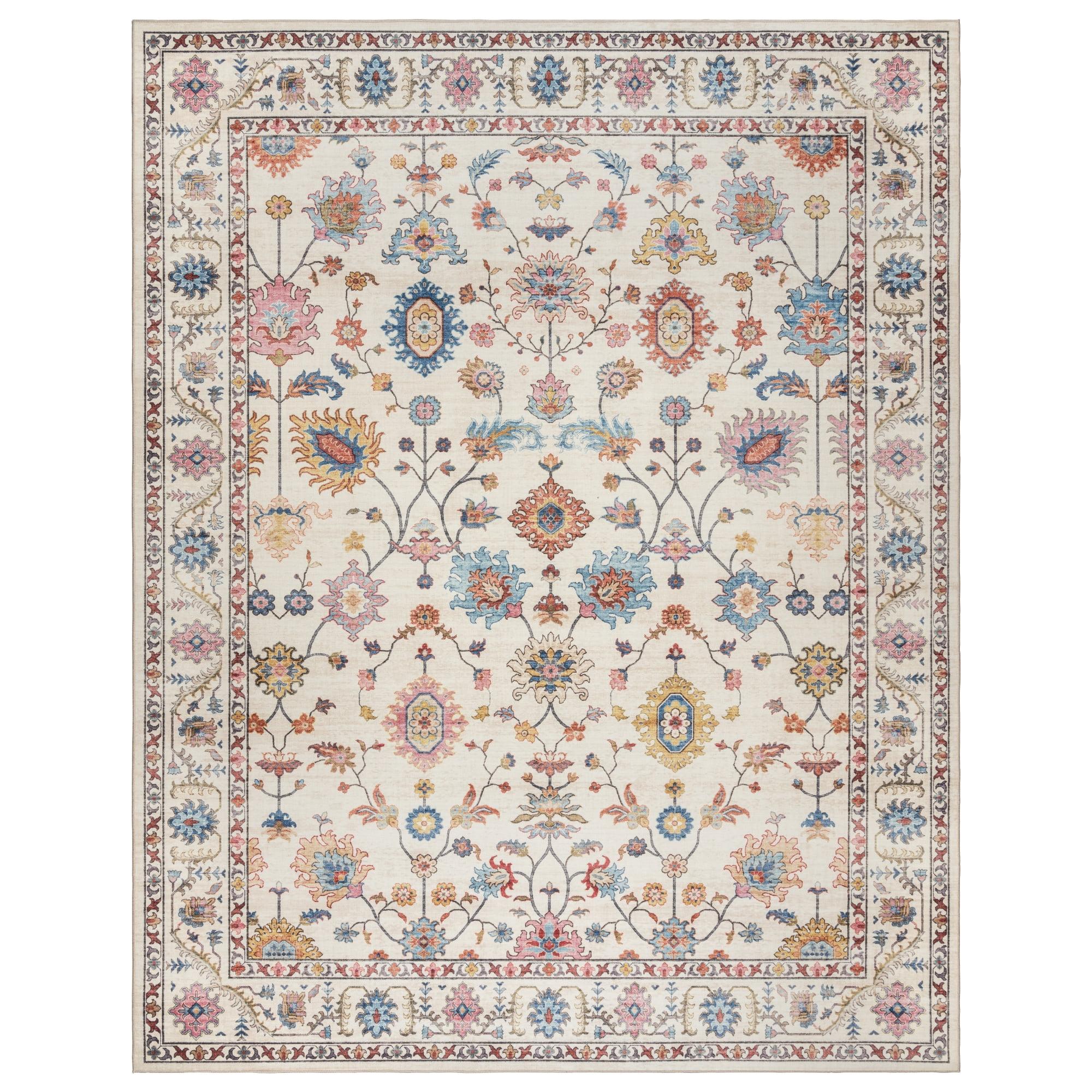 Ivory Floral Non-Slip Washable 6' x 9' Synthetic Area Rug