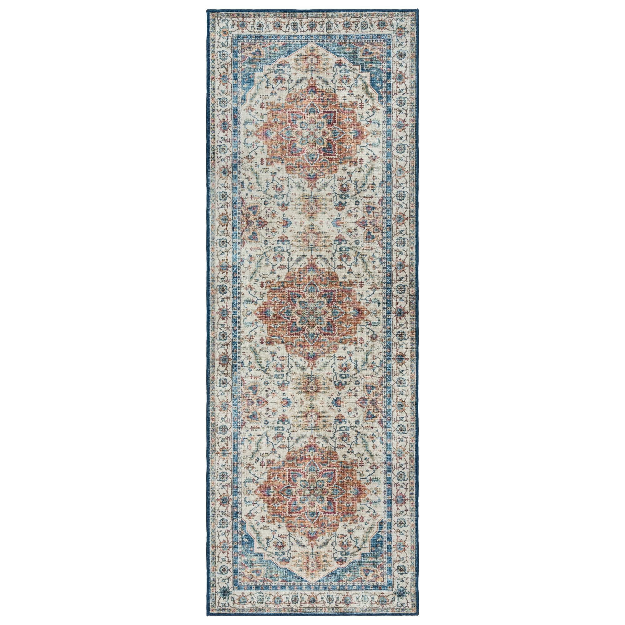 Gertmenian Crystal Print Tiefi Blue Red Multi Traditional Medallion Washable Flat Pile Indoor Area Rug