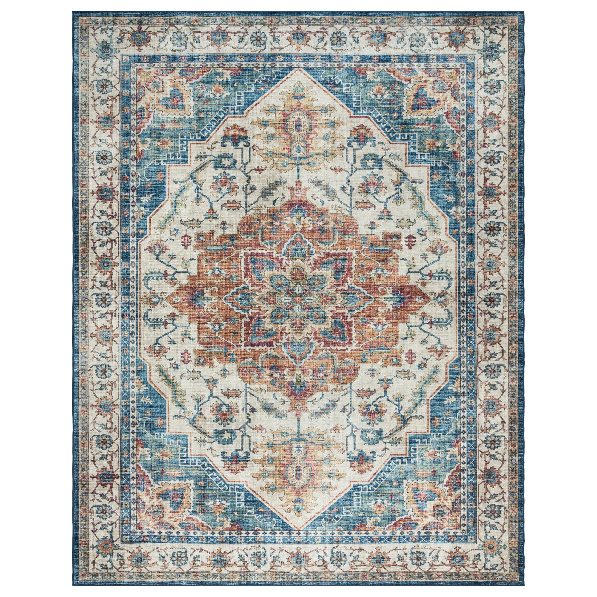 Gertmenian Crystal Print Tiefi Blue Red Multi Traditional Medallion Washable Flat Pile Indoor Area Rug