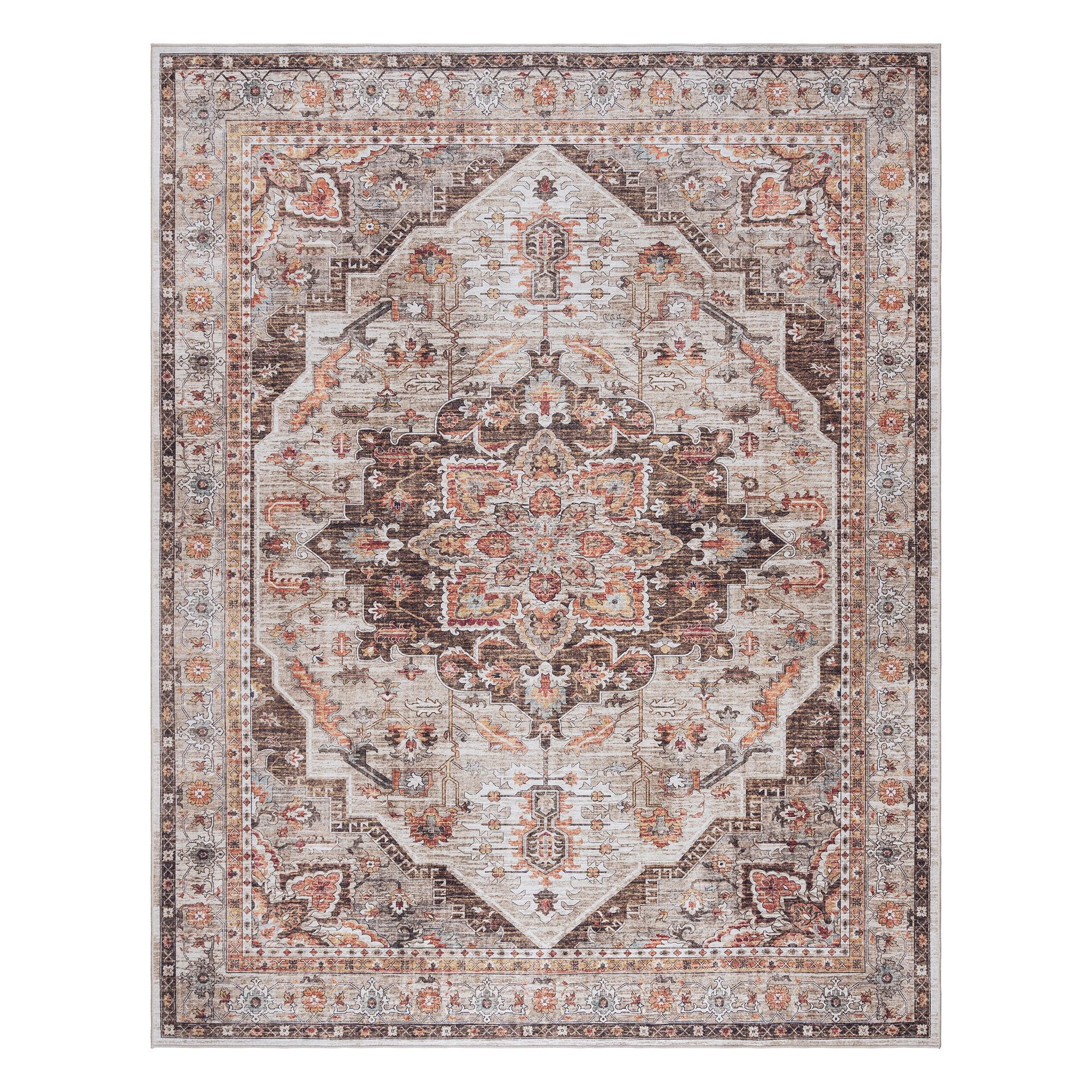 Gertmenian Crystal Print Tiefi Brown Tan Ivory Washable Flat Pile Traditional Medallion Indoor Area Rug