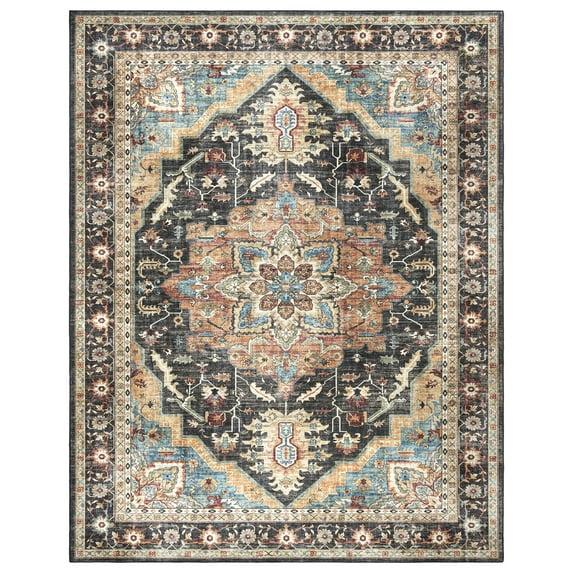 Gertmenian Crystal Print Tiefi Black Beige Multi Traditional Medallion Washable Flat Pile Indoor Area Rug