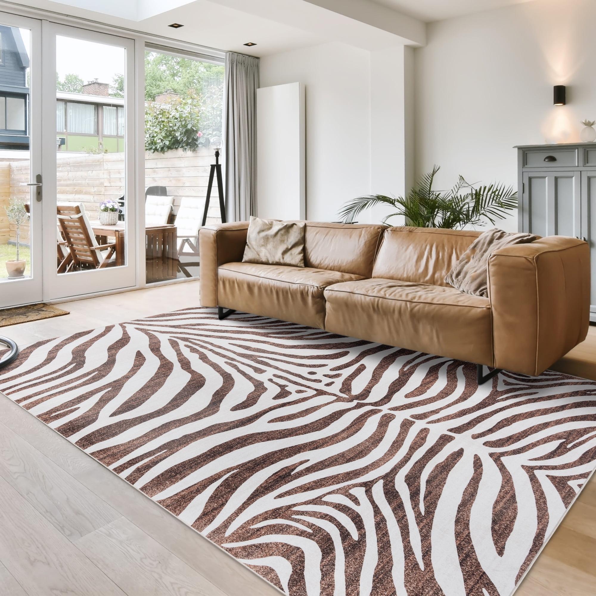 Gertmenian Crystal Print Zebra Modern Animal Print Brown Cream Washable Flat Pile Indoor Area Rug