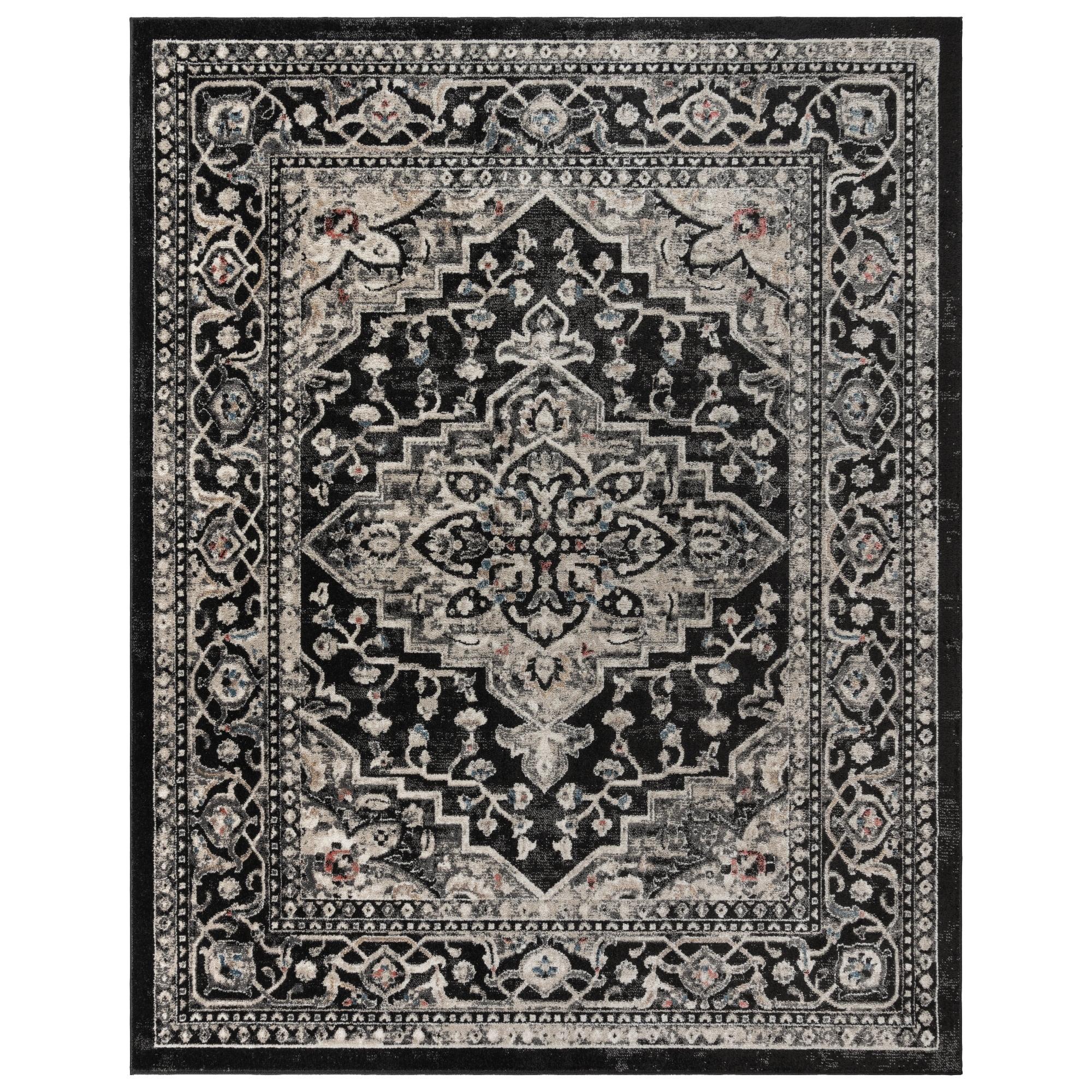 Heirloom Fluer Traditional Oriental Medallion Black Beige Polypropylene Area Rug