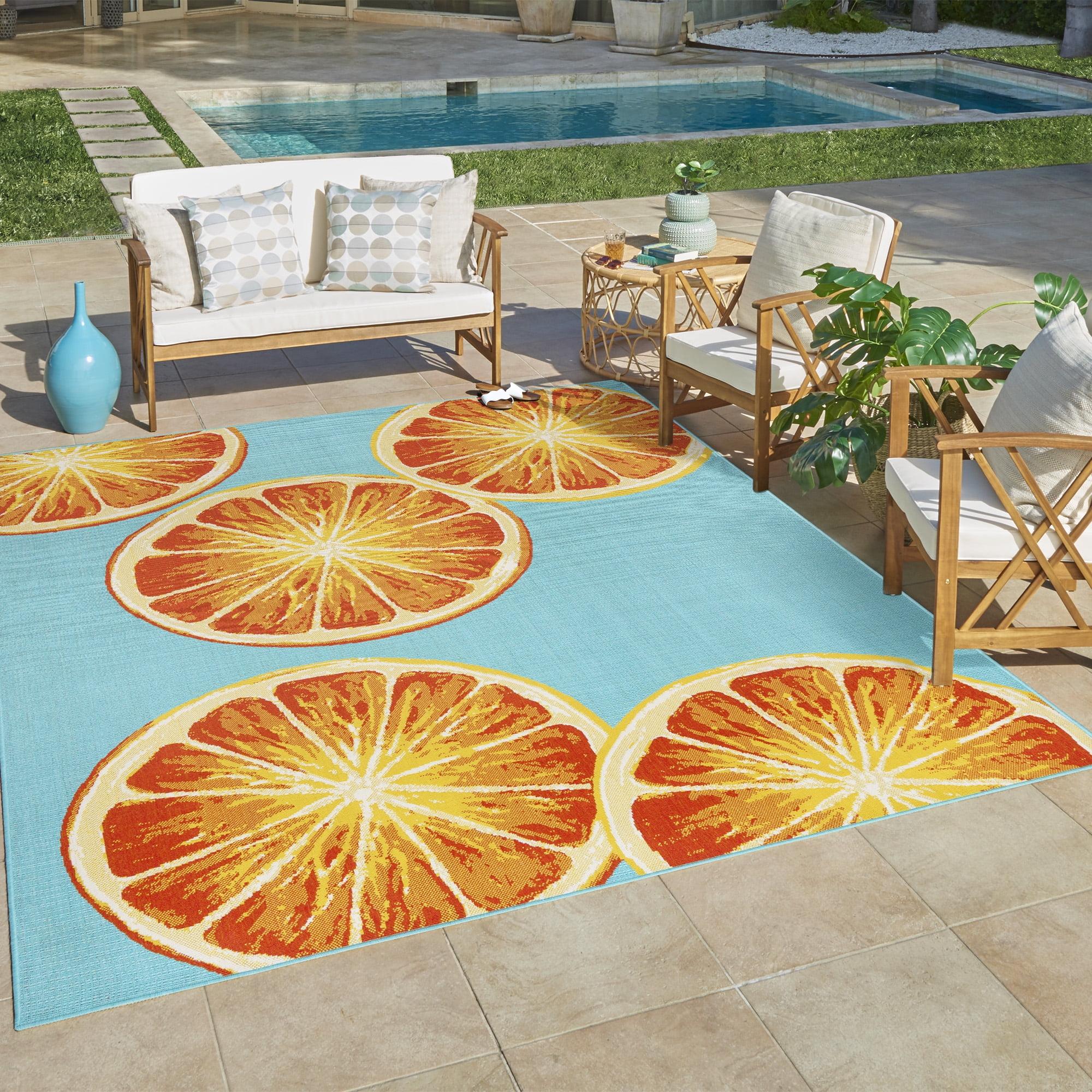 Teal and Orange Citrus Flatweave Indoor/Outdoor Rug 5' x 7'