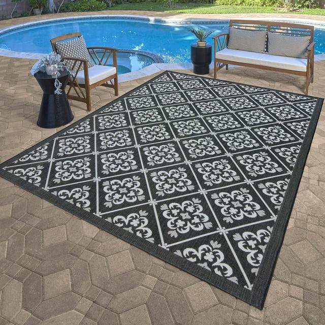 Gertmenian Paseo Bran Black/White Transitional Checkered Medallion Indoor/Outdoor Flatweave Area Rug