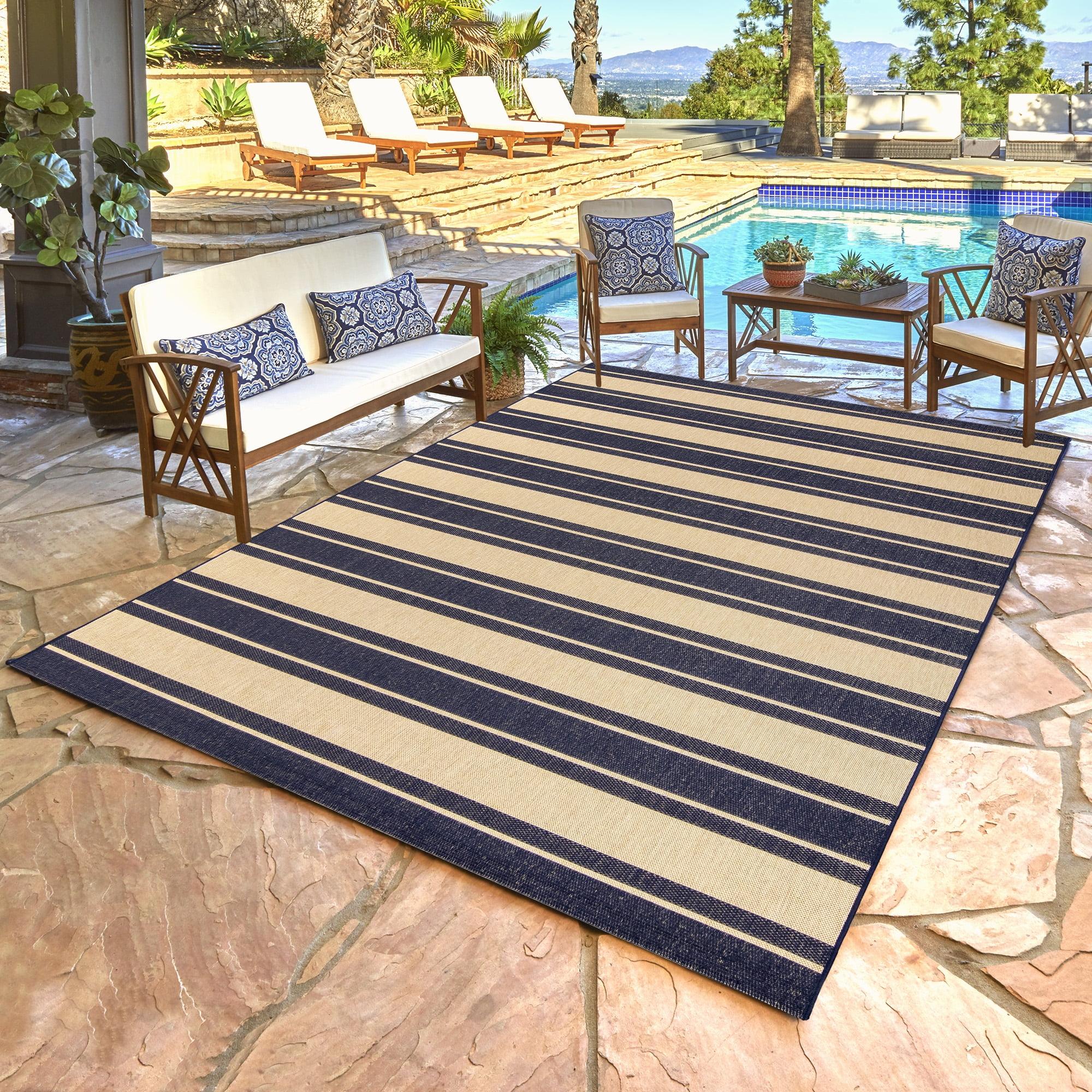 Gertmenian Paseo Castro Navy Blue/Beige Striped Coastal Indoor/Outdoor Flatweave Area Rug