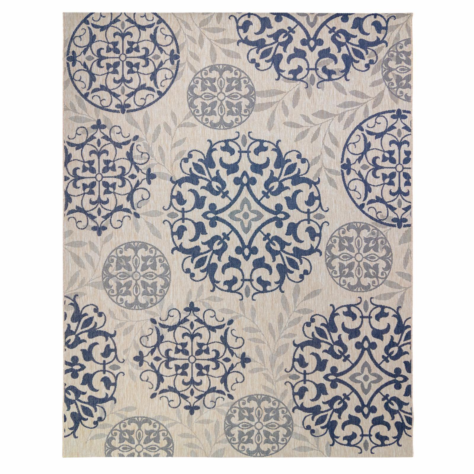 Grain and Navy Synthetic Medallion Outdoor Rug, 8'6" x 13'1"