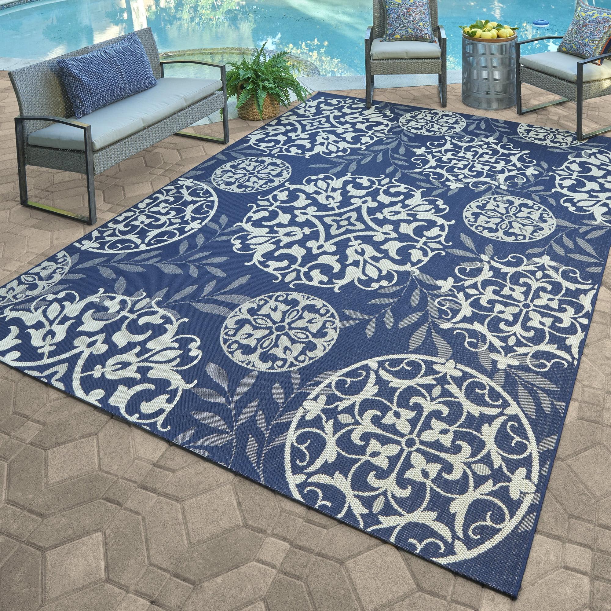 Navy Blue and Beige Medallion Synthetic 5' x 7' Outdoor Rug