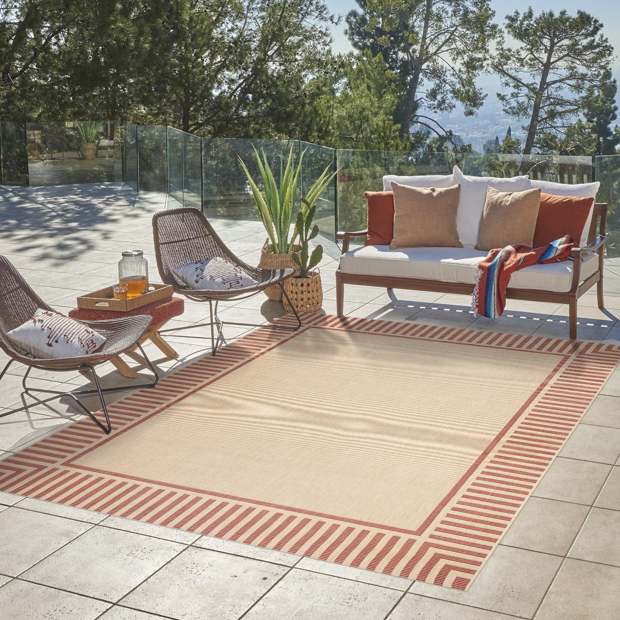 Paseo Kiano Modern Stripe Border Red Beige Polypropylene Flatweave Indoor/ Outdoor Area Rug