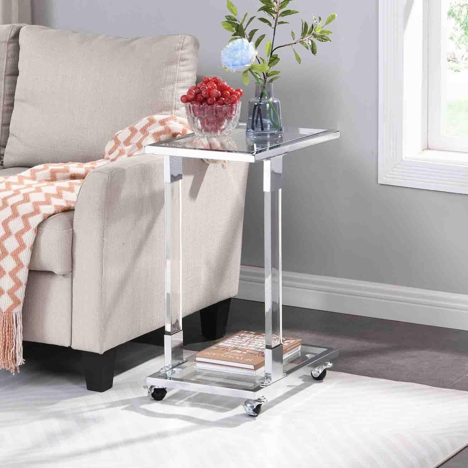 Chrome Glass Top C-Shaped Side Table with Metal Base