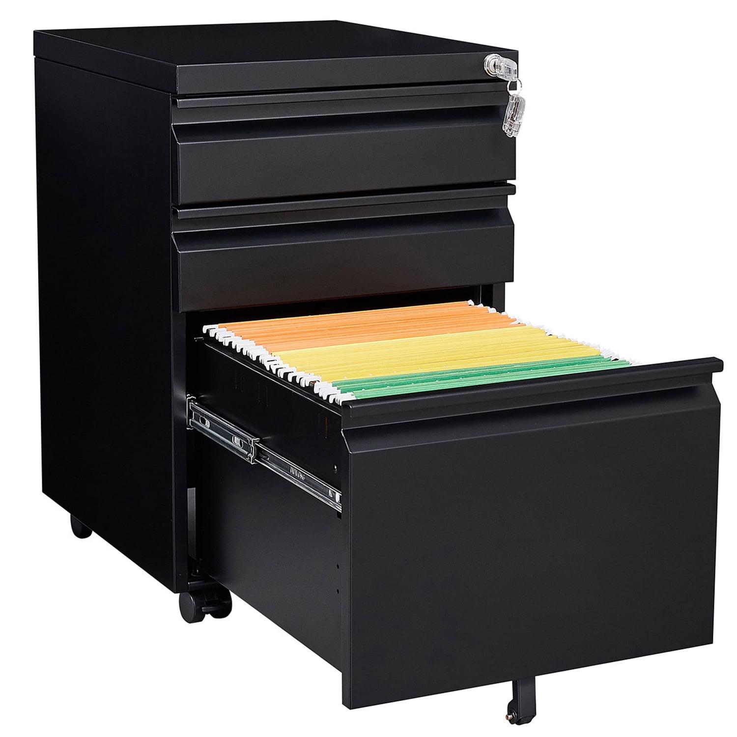 Black Metal 3-Drawer Mobile Filing Cabinet with Lock