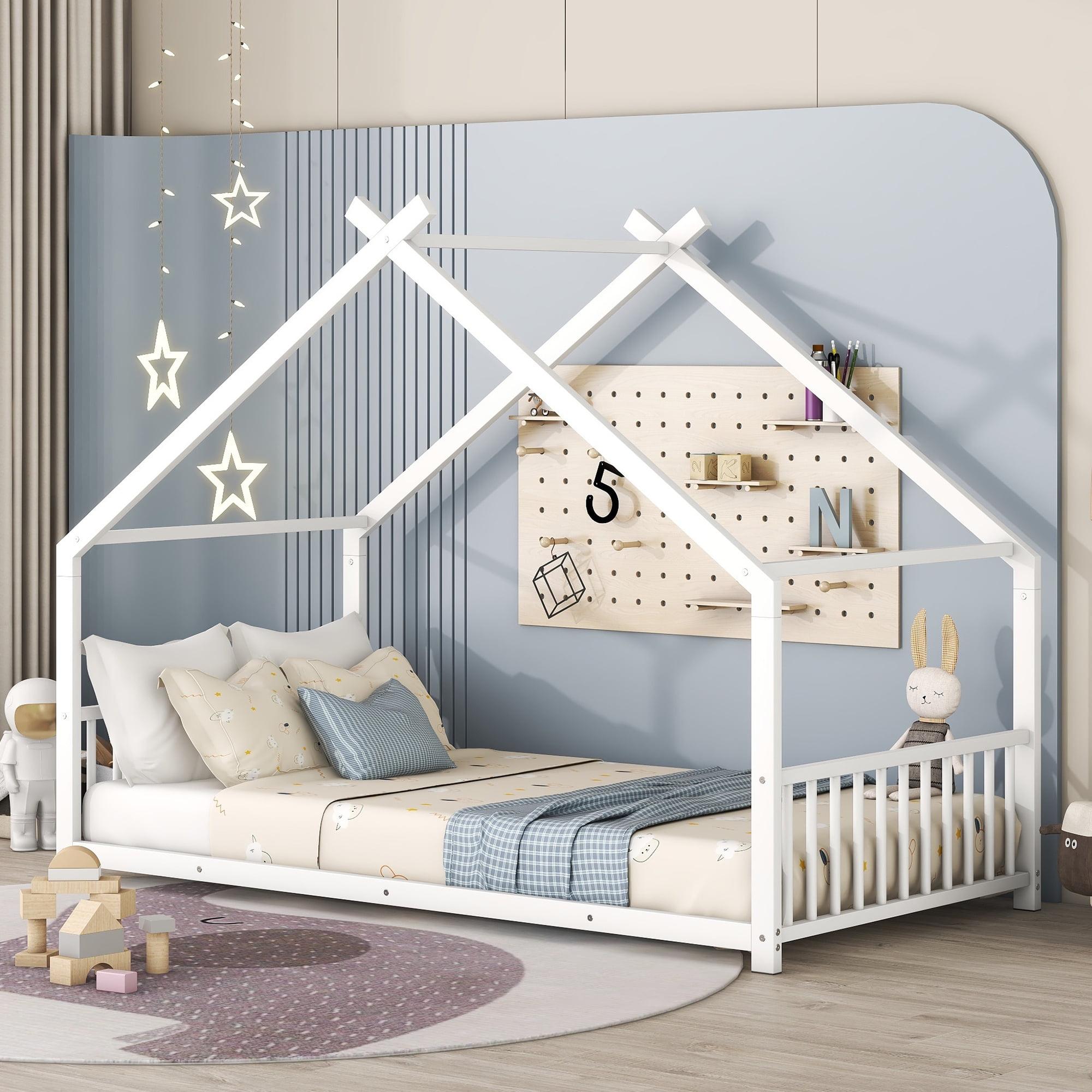 Gewnee Twin Size House Bed with Roof and Fence,Metal Montessori Platform Bed for Toddle and Kids,White