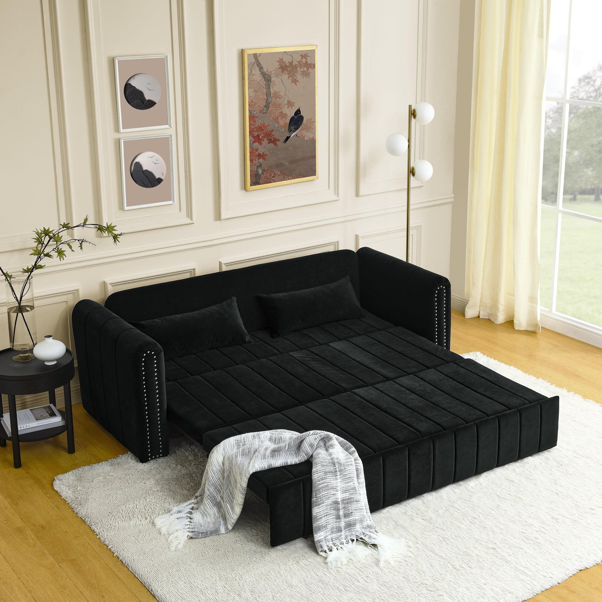 Black Velvet Queen Sleeper Sofa with Metal Frame