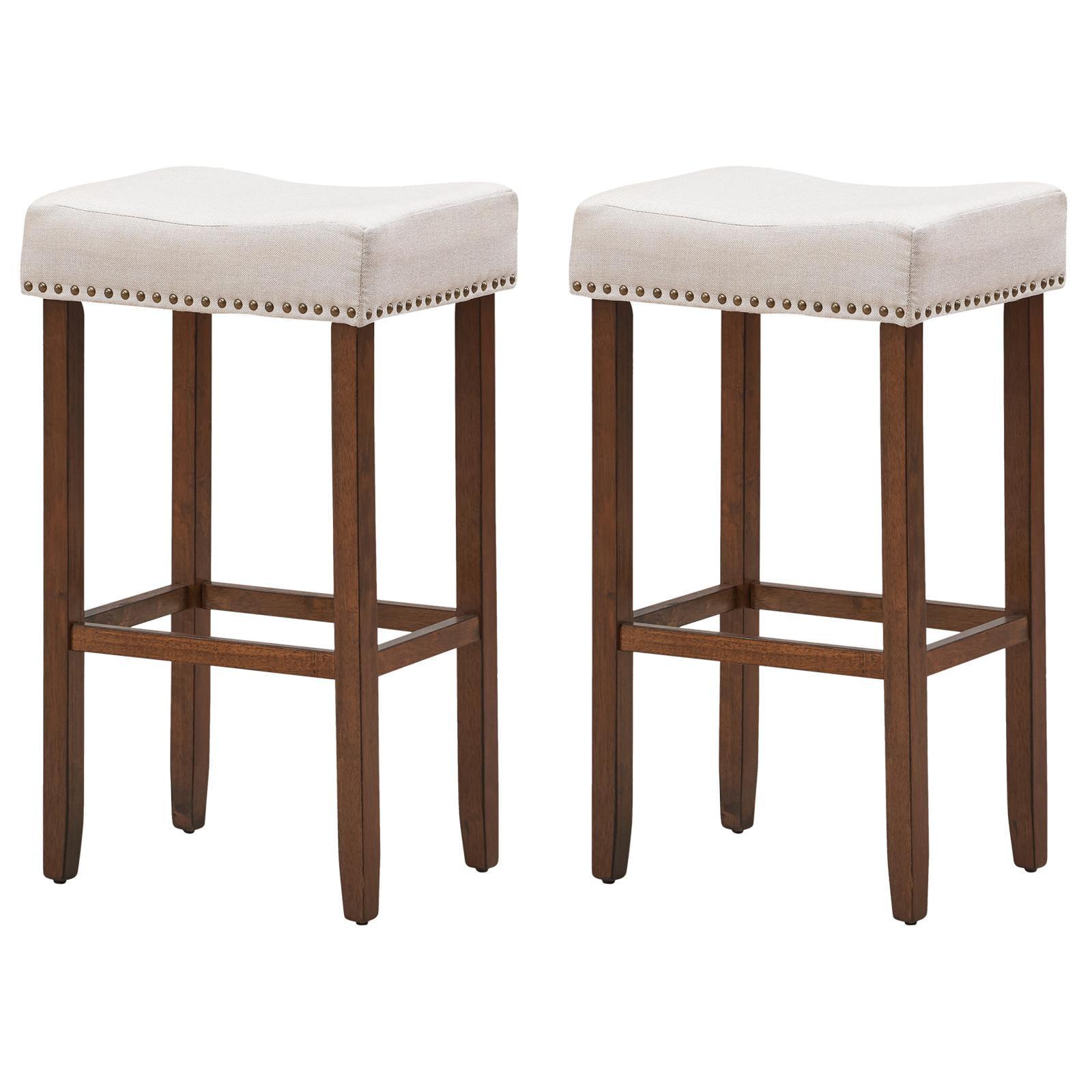 Elegant Beige Saddle Seat Bar Stools with Solid Wood Legs, Set of 2