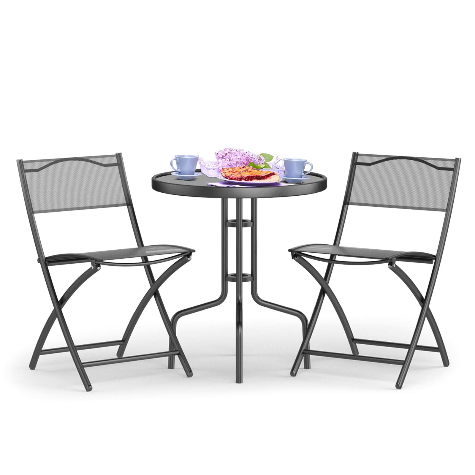 Black Metal and Glass 3-Piece Bistro Set with Folding Chairs