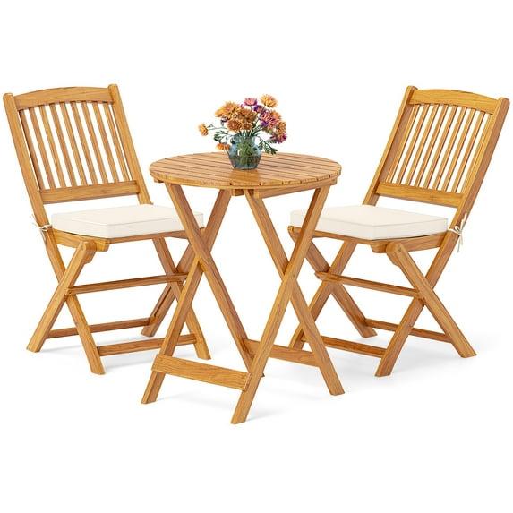 Giantex 3Pcs Patio Bistro Set, Wood Folding Table Set, 2 Cushioned Chairs for Garden Yard