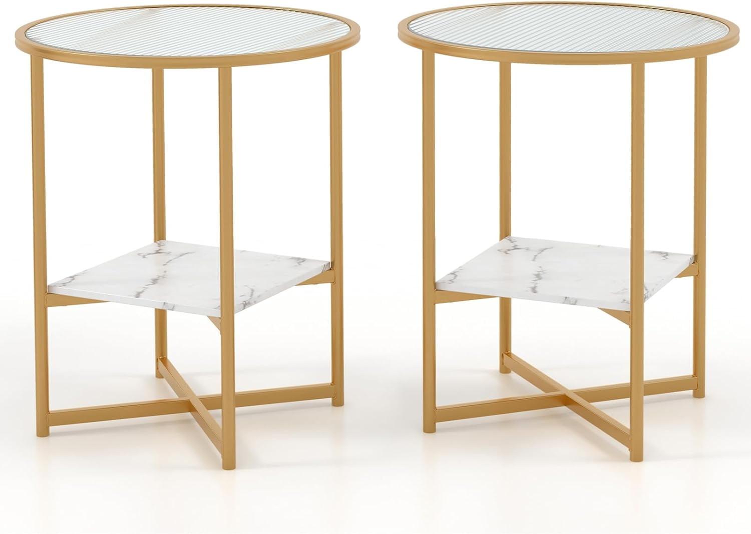 Round Gold Metal and Glass End Table Set with Faux Marble Shelf