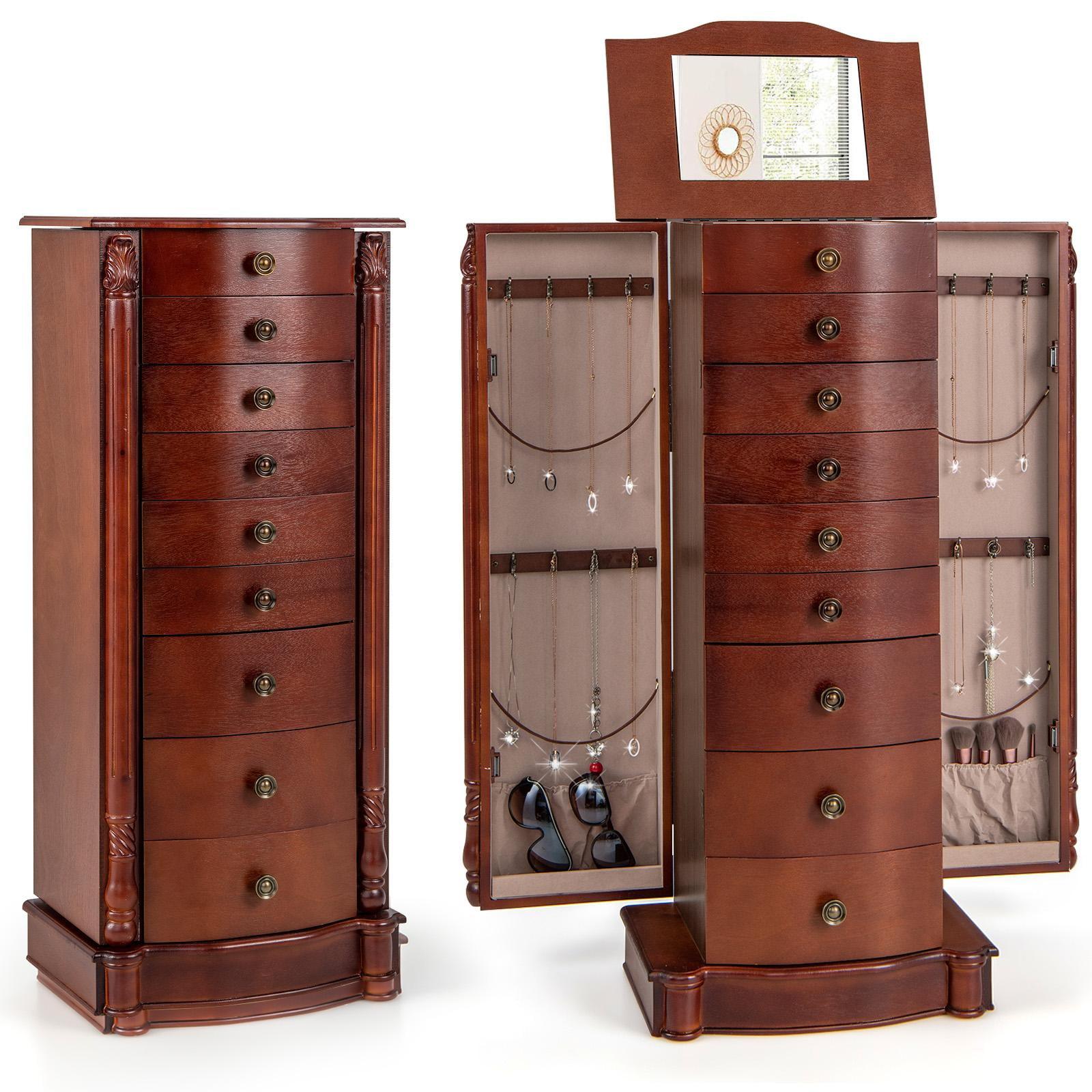 Walnut Jewelry Armoire Cabinet with Mirror and 8 Drawers