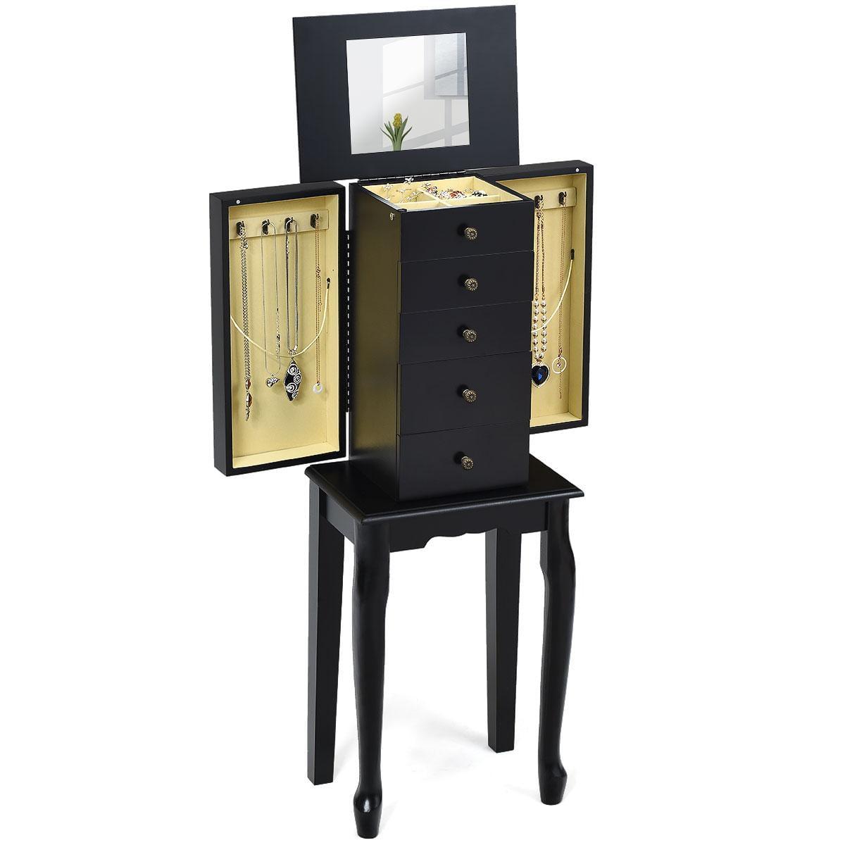 Giantex Jewelry Cabinet Armoire with Top Mirror, 5 Drawers, 2 Swing Doors, Wooden Jewelry Treasure Storage Chest with Large Storage, Standing Jewelry Organizer (Black)