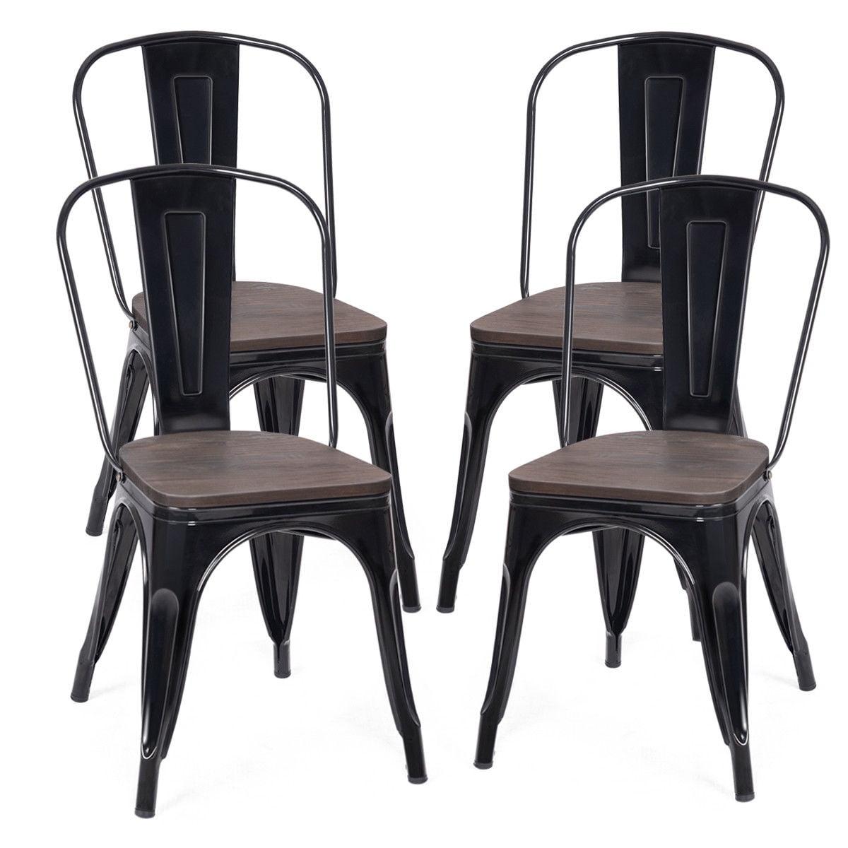 Set of 4 Vintage High-Back Metal Side Chairs with Wood Seat - Black