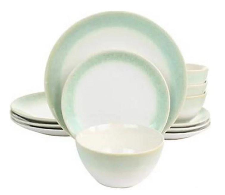 Green and White Ceramic 12-Piece Dinnerware Set, Service for 4