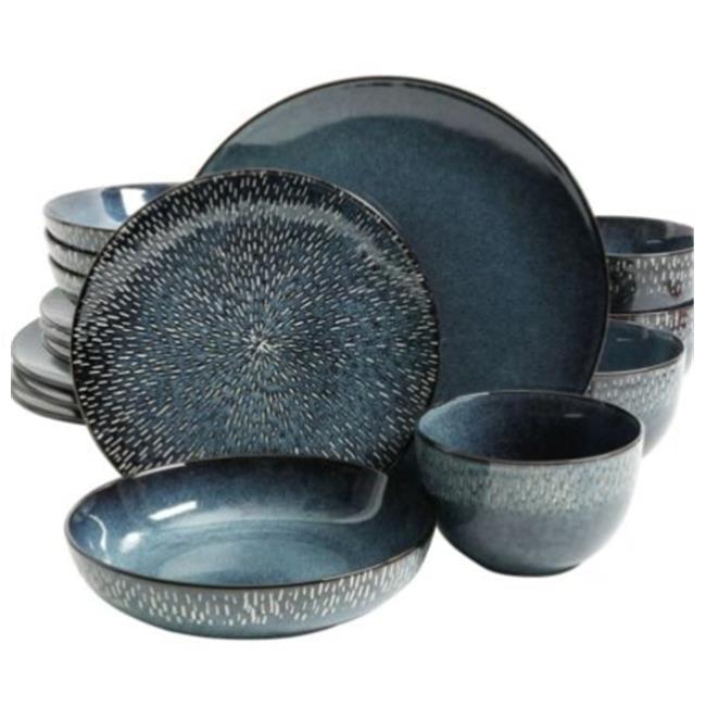 Gibson Elite 16pc Stoneware Matisse Double Bowl Dinnerware Set: Cobalt Blue, Microwave & Dishwasher-Safe Dish Set