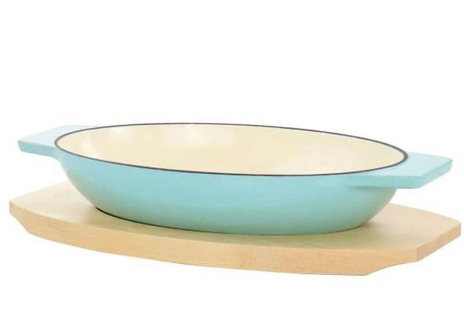 Oval Blue Cast Iron Casserole with Birch Wood Trivet