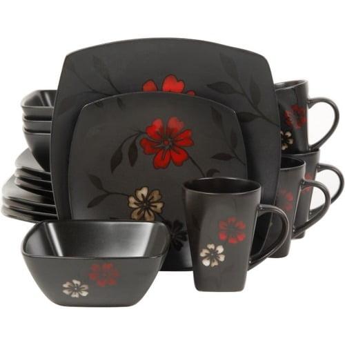 Black Ceramic Square Floral Dinnerware Set, Service for 4