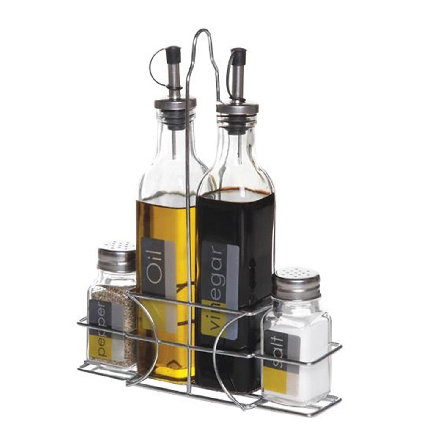 Clear Glass and Stainless Steel 4-Piece Condiment Set with Wire Caddy