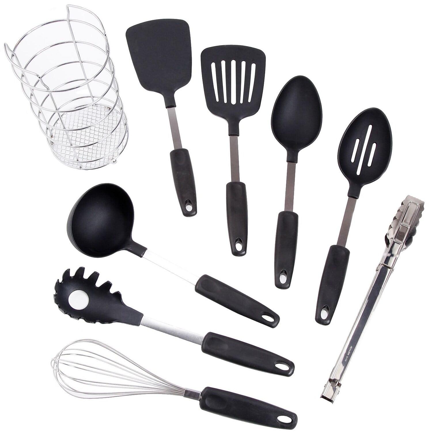 Black Nylon 9-Piece Kitchen Utensil Set with Metal Caddy