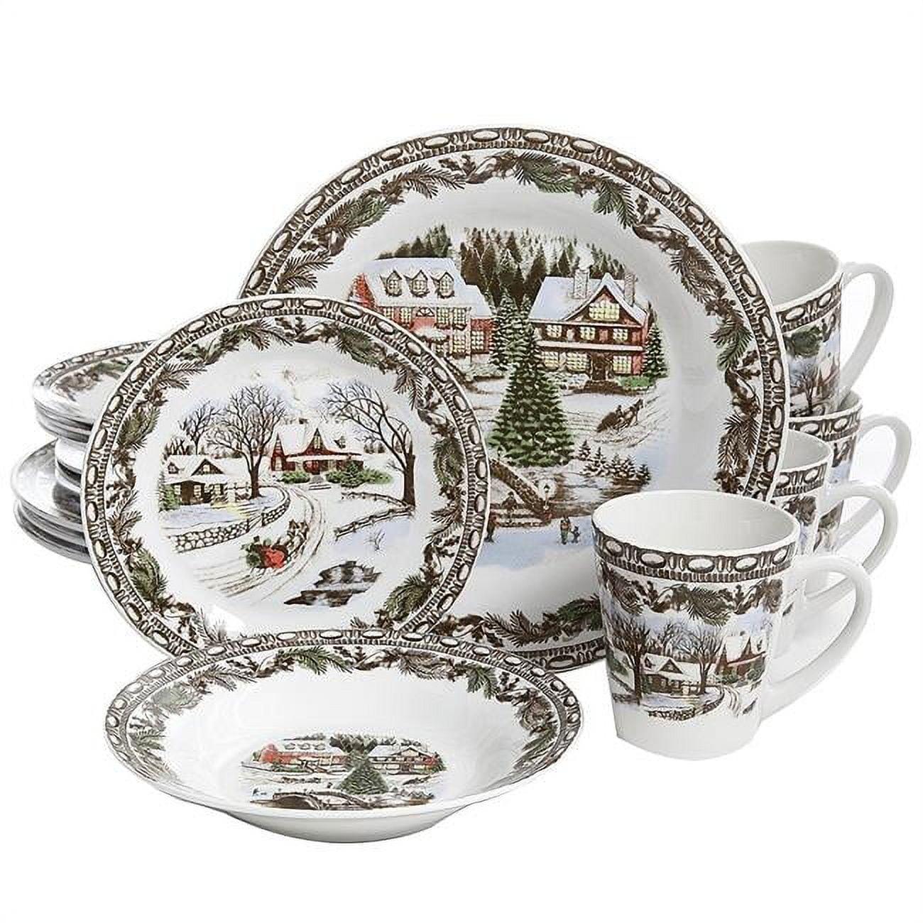 Christmas Toile 16-Piece Porcelain Dinnerware Set with Winter Scene