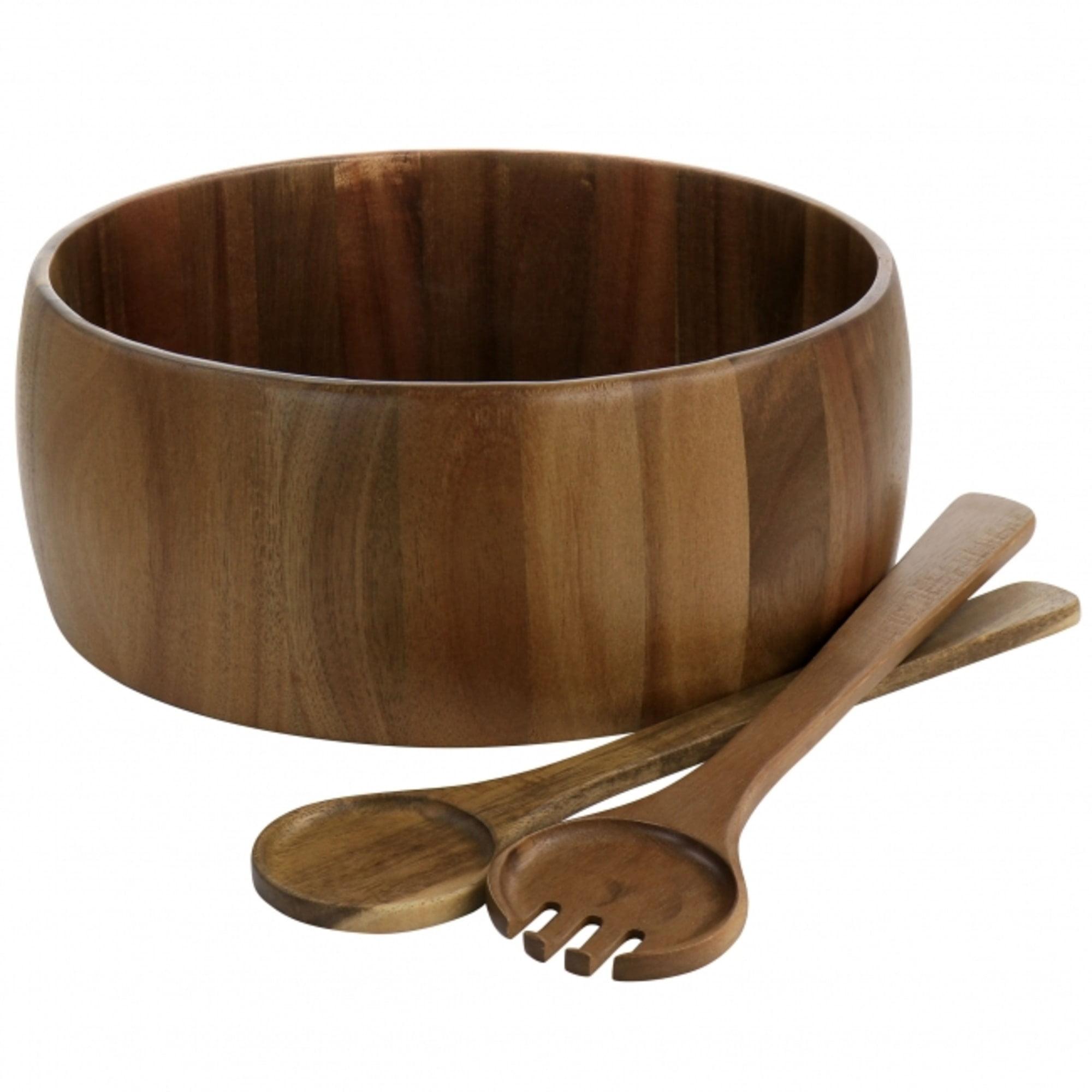 Elite Acacia Wood 15" Salad Bowl Set with Serving Utensils