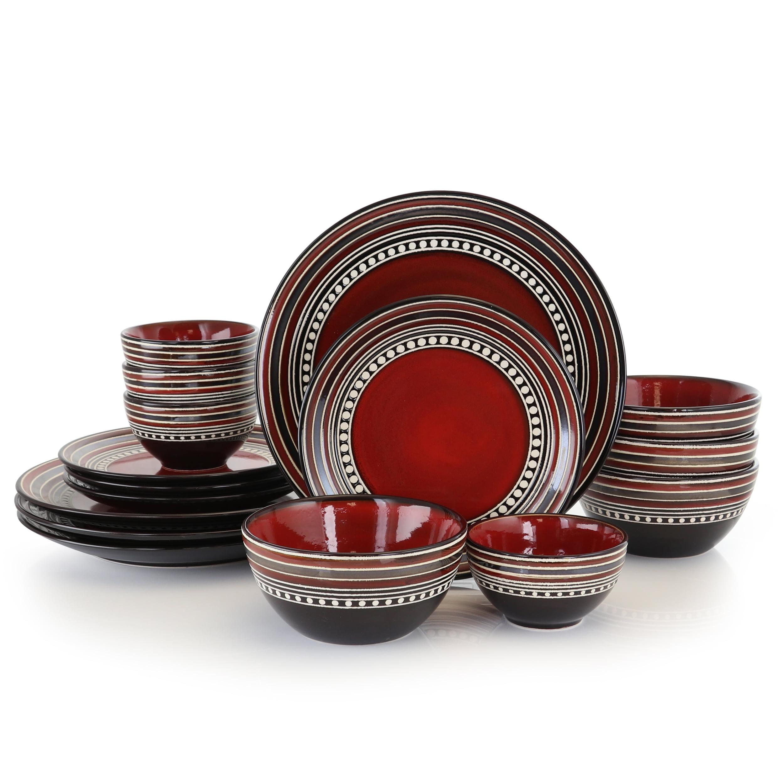 Gibson Home 16pc Stoneware Cafe Versailles Double Bowl Dinnerware Set Red: Geometric Dishware, Microwave & Dishwasher Safe