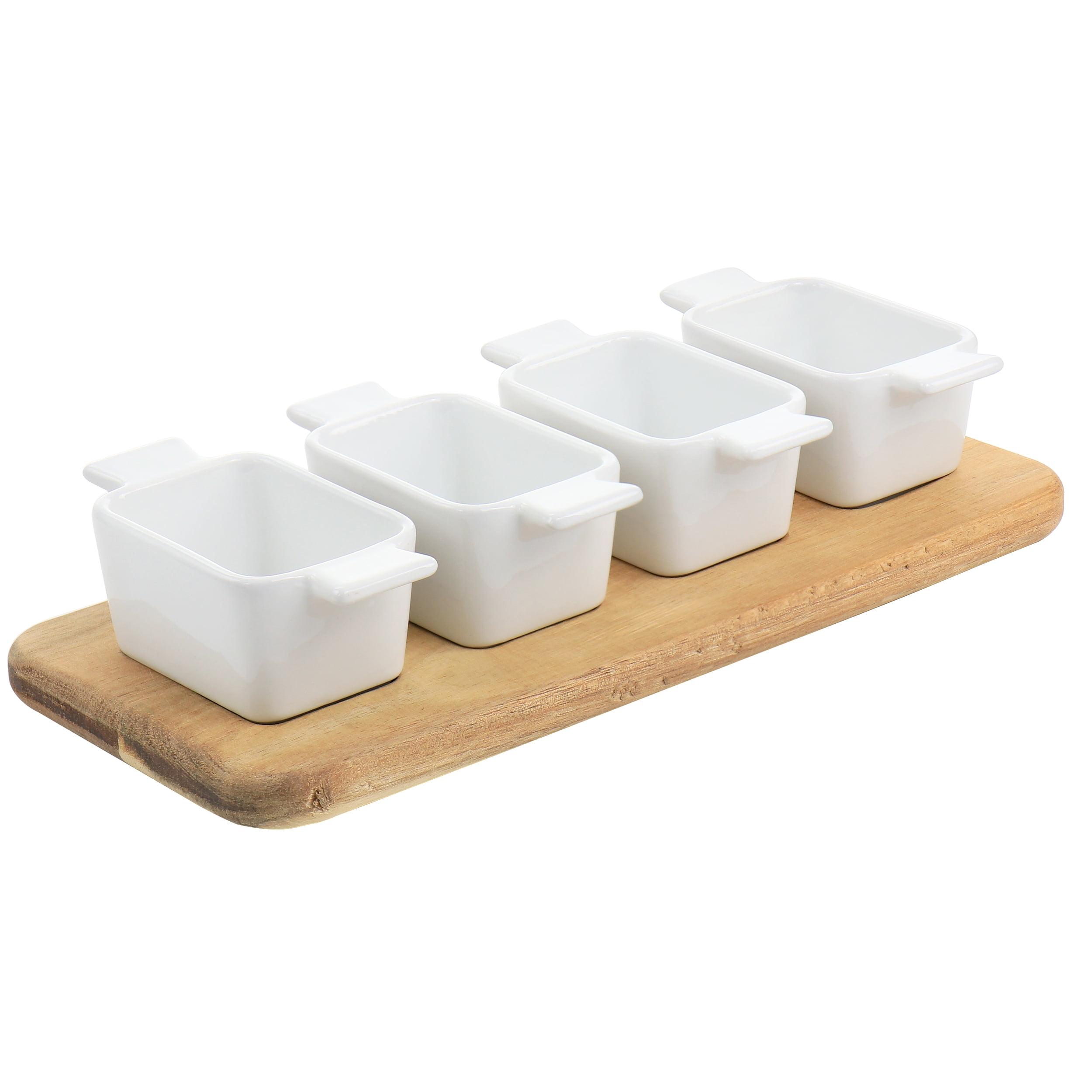 Elegant White Ceramic and Acacia Wood 5-Piece Tidbit Dish Set