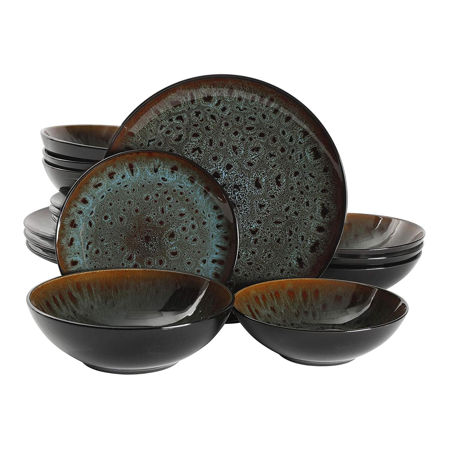 Gibson Elite Kyoto 16 Piece Double Bowl & Plate Dinnerware Set, Teal