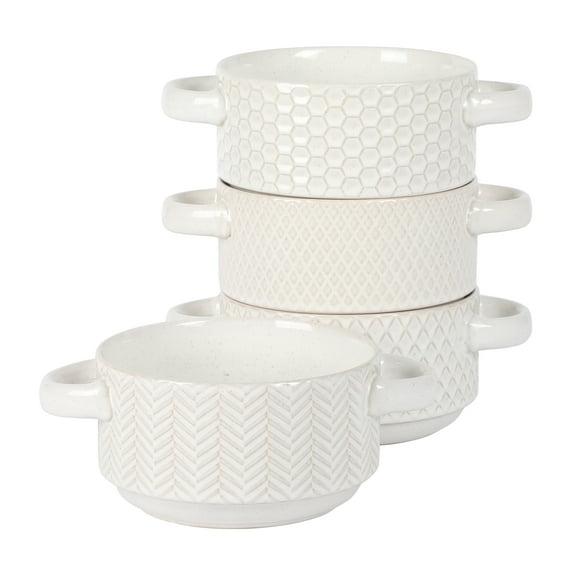 Gibson Elite Gibson Elite Oyster Tide Embossed 6 Inch Soup Bowls with Handles. French Onion Soup Crocks, Stackable Soup Bowl, Chili, Beef Stew Reactive Glaze  Stackable Ceramic Bowl, Set of 4, White