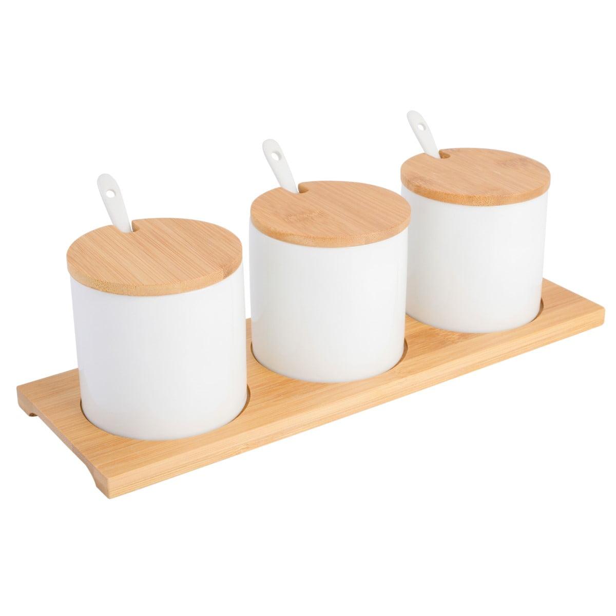 Gibson Gracious Dining 10 Piece Fine Ceramic Condiment Jars with Bamboo Lids and Spoons in White