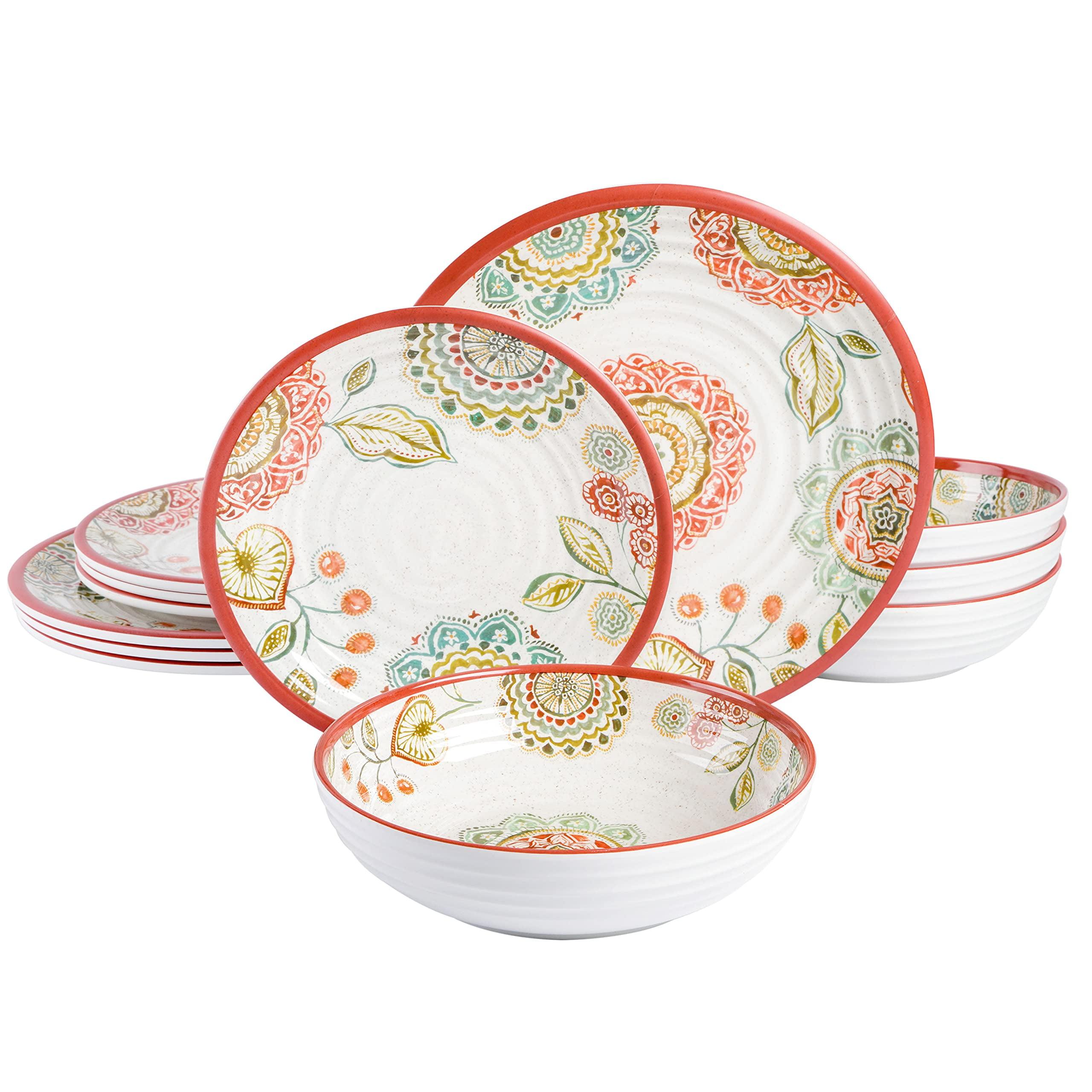 Laurie Gates Brick Floral Ripple 12 Piece Melamine Dinnerware Set in Red