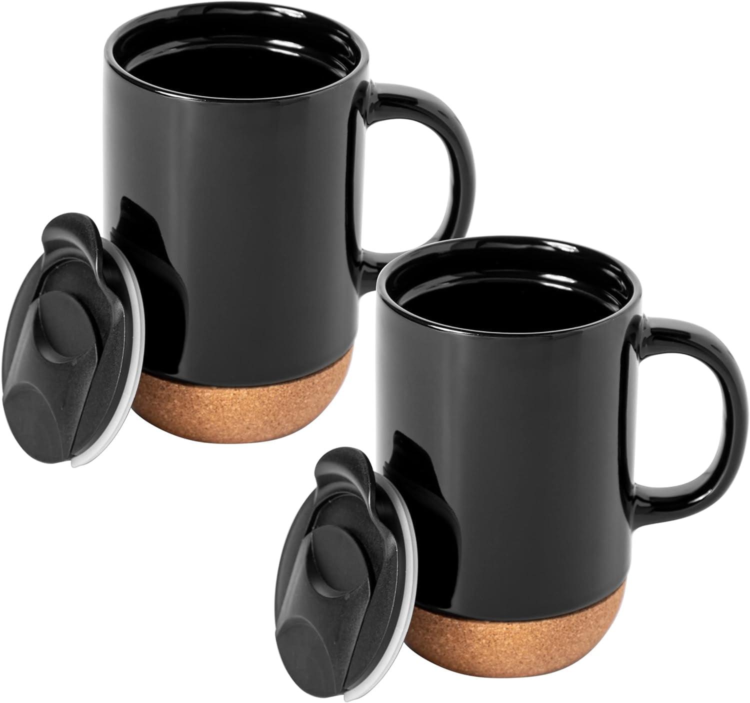 Gibson Home Modani 2 Pack Large 16.5 OZ Ceramic Mugs Set With Removable Cork Bottom And Lid - Black