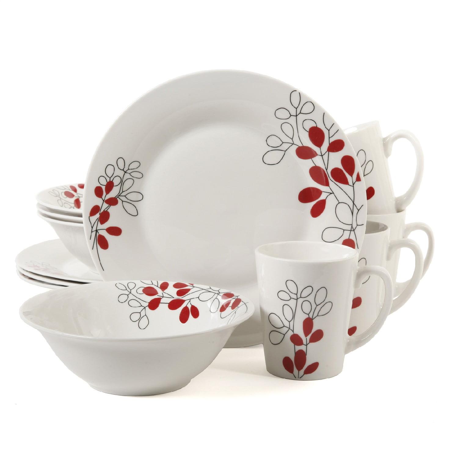 White Porcelain Floral Print Dinnerware Set, Service for 4