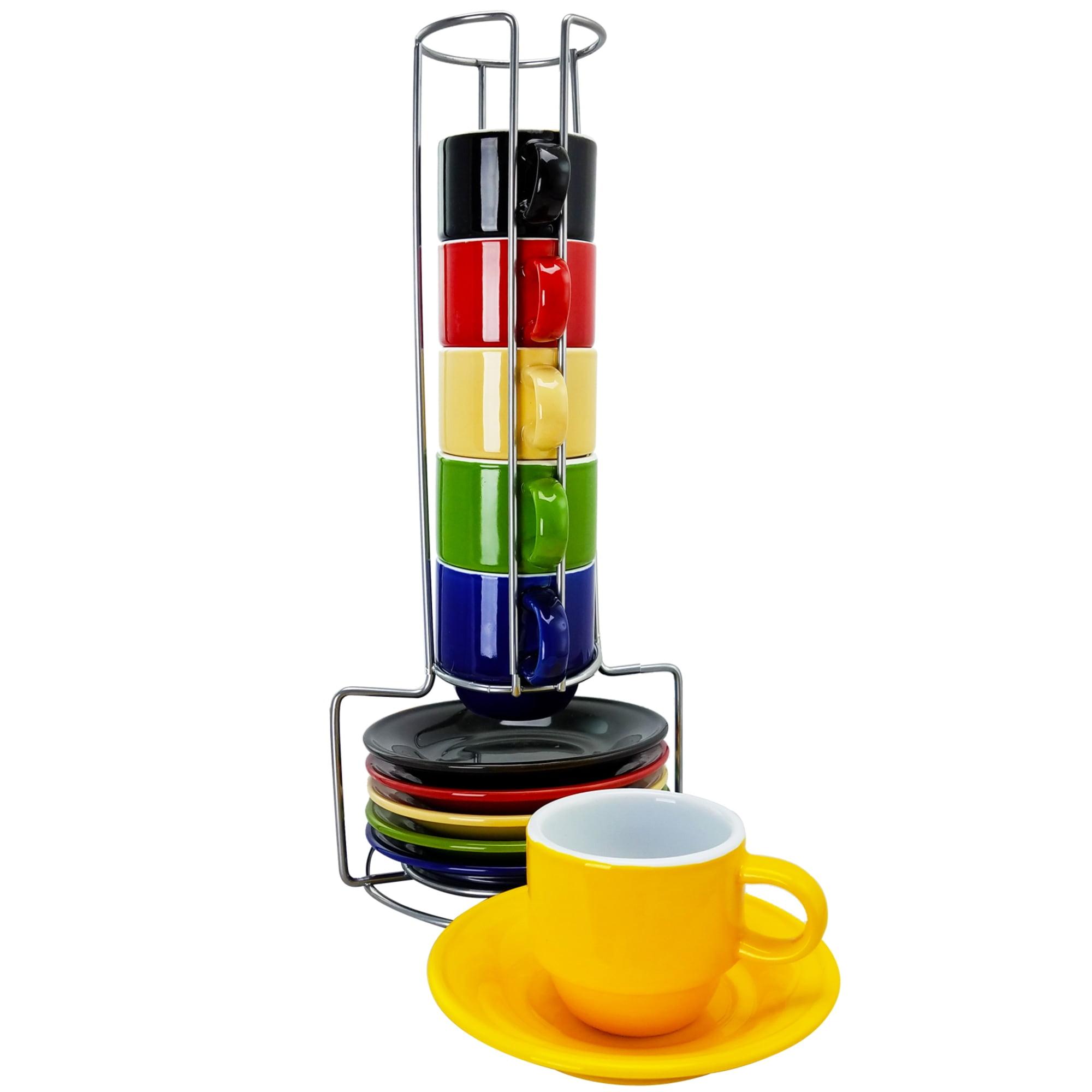 Multicolor Ceramic Espresso Cup and Saucer Set with Metal Rack