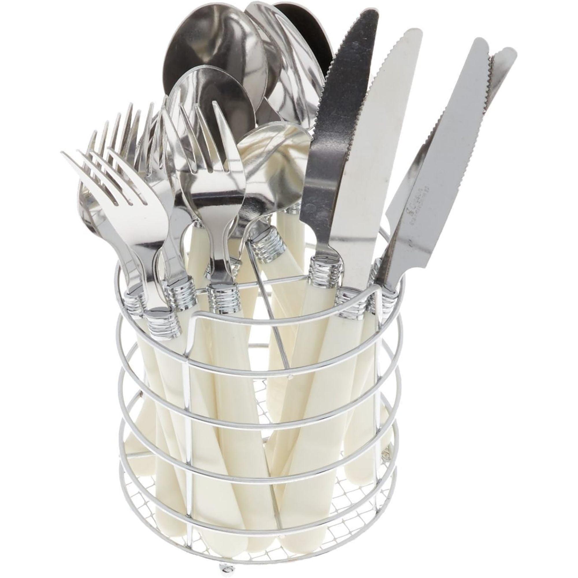 Gibson Sensations II 16 Piece Stainless Steel Flatware Set with White Handles and Chrome Caddy