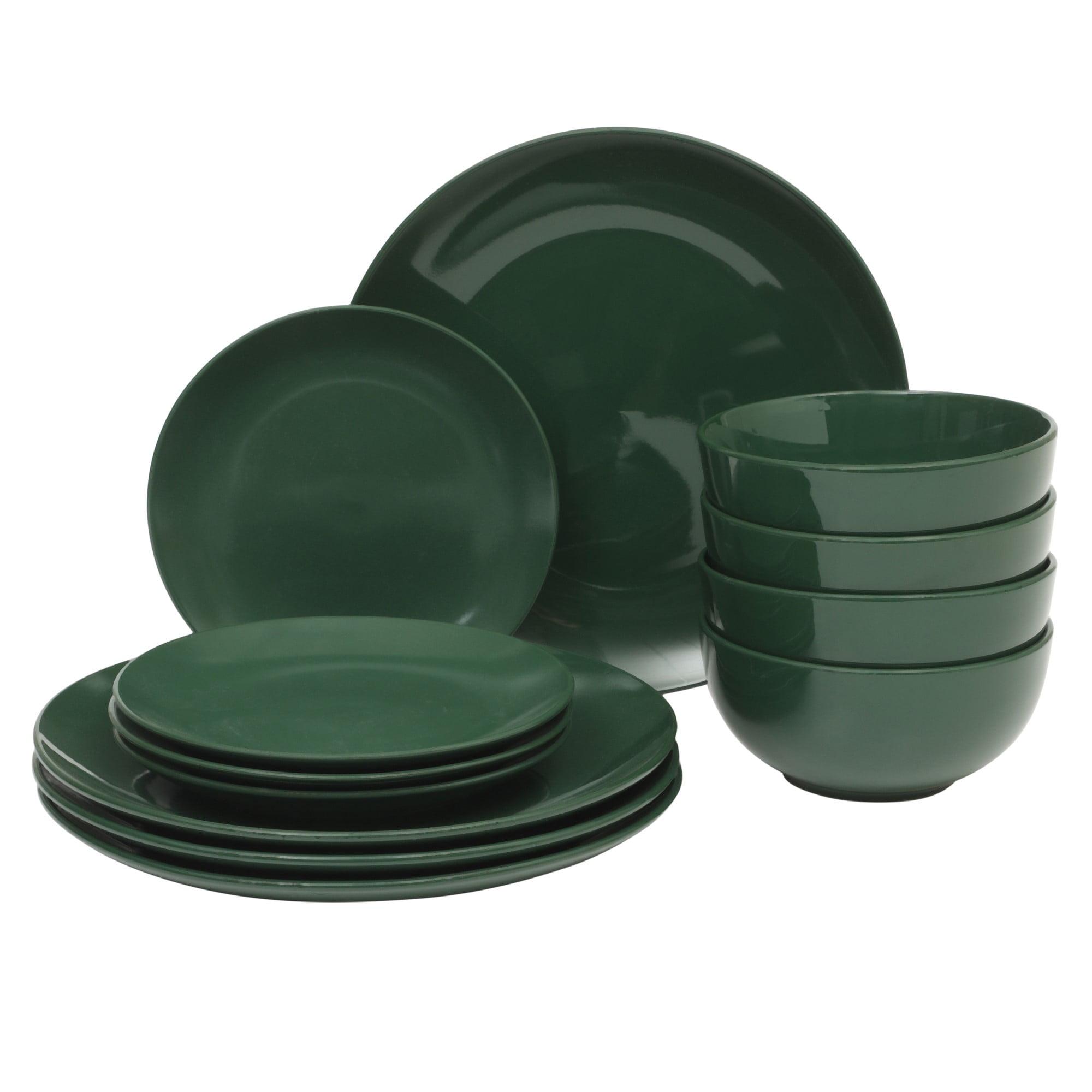 Gibson Home Gibson Home Dining Essential (Service for 4) 12 Piece Plates and Bowls Porcelain Solid Color Dishes  Ceramic Dinnerware Set - Hunter Green