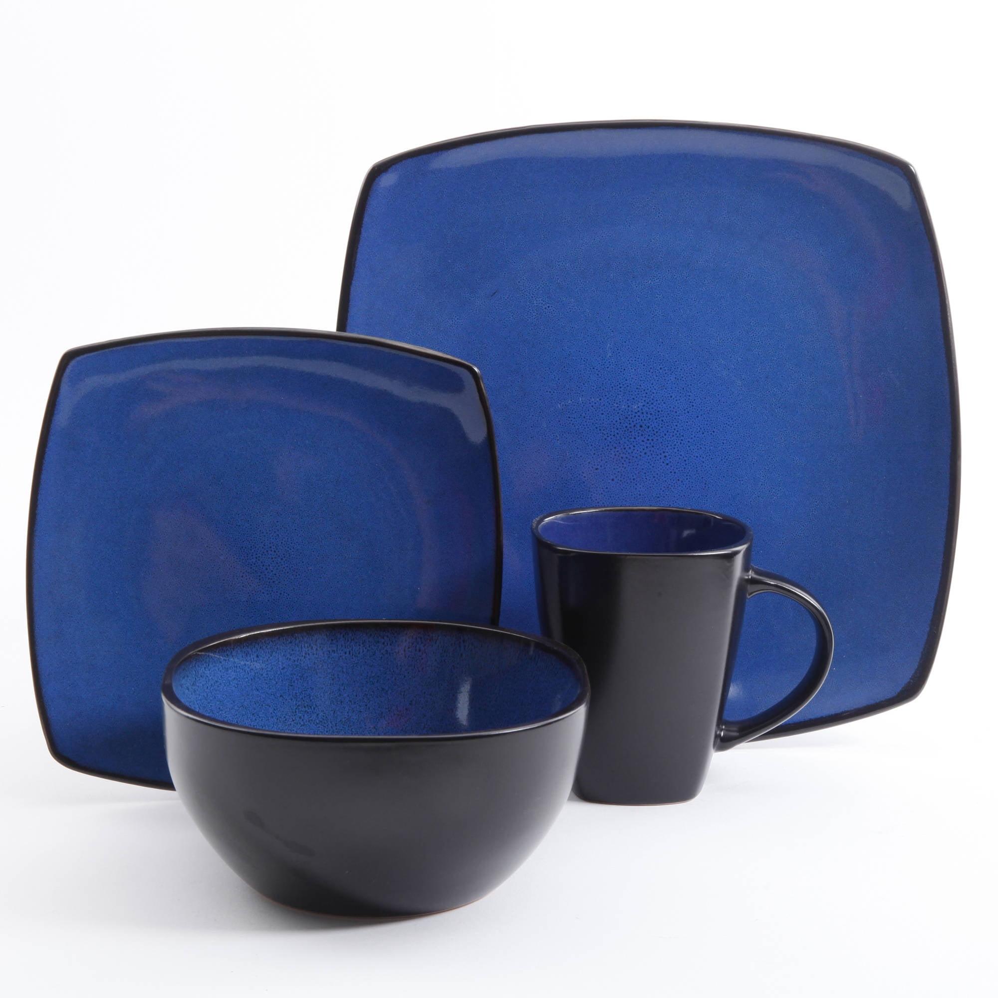 Gibson Elite Soho Lounge 16 Piece Reactive Glaze Durable Microwave and Dishwasher Safe Plates, Bowls, and Mugs Dinnerware Set, Blue