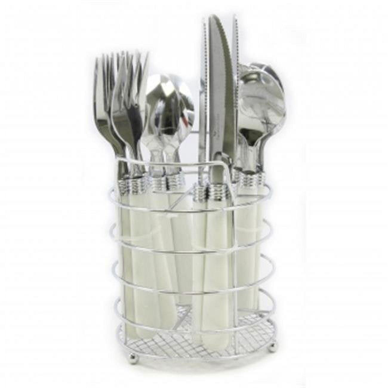 Gibson Sensations II 16 Piece Stainless Steel Flatware Set with White Handles and Chrome Caddy