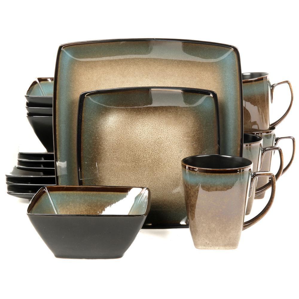 Tequesta Taupe and Teal 16-Piece Square Ceramic Dinnerware Set