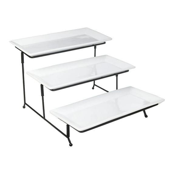 Gibson Elite Porcelain Gracious Serving Plate Set with Metal Stand: Tiered Cupcake & Serving Tray, Rectangle