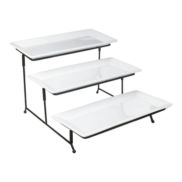 Gibson Elite Porcelain Gracious Serving Plate Set with Metal Stand: Tiered Cupcake & Serving Tray, Rectangle